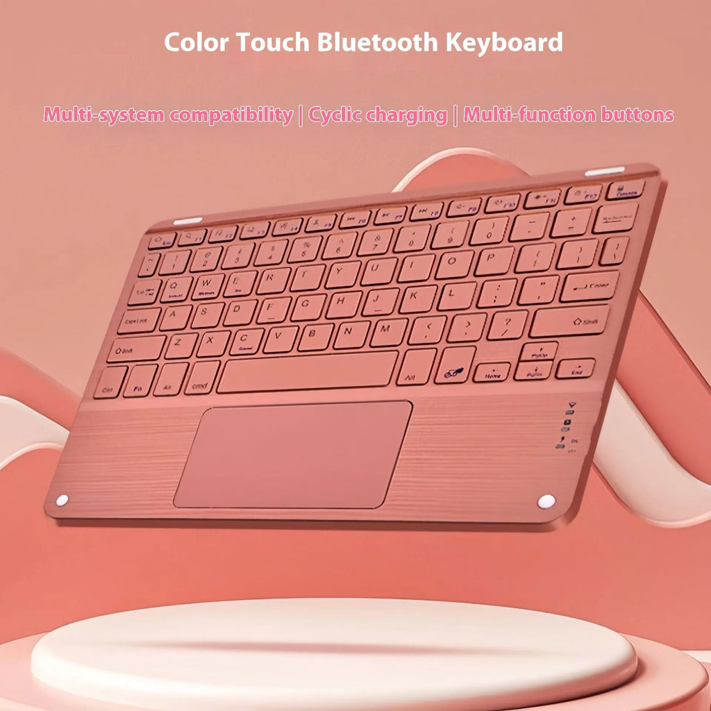 Square Hat Touch Bluetooth wireless keyboard with full-colour touch keys in various colours on a desk