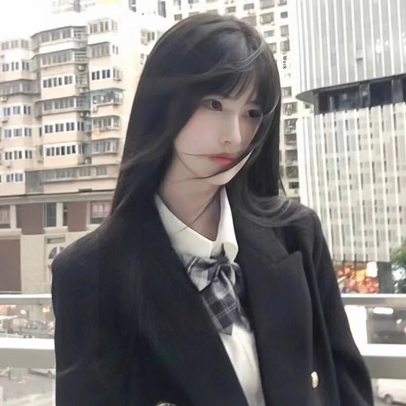 Black long straight synthetic wig with female bangs in high temperature fibre material
