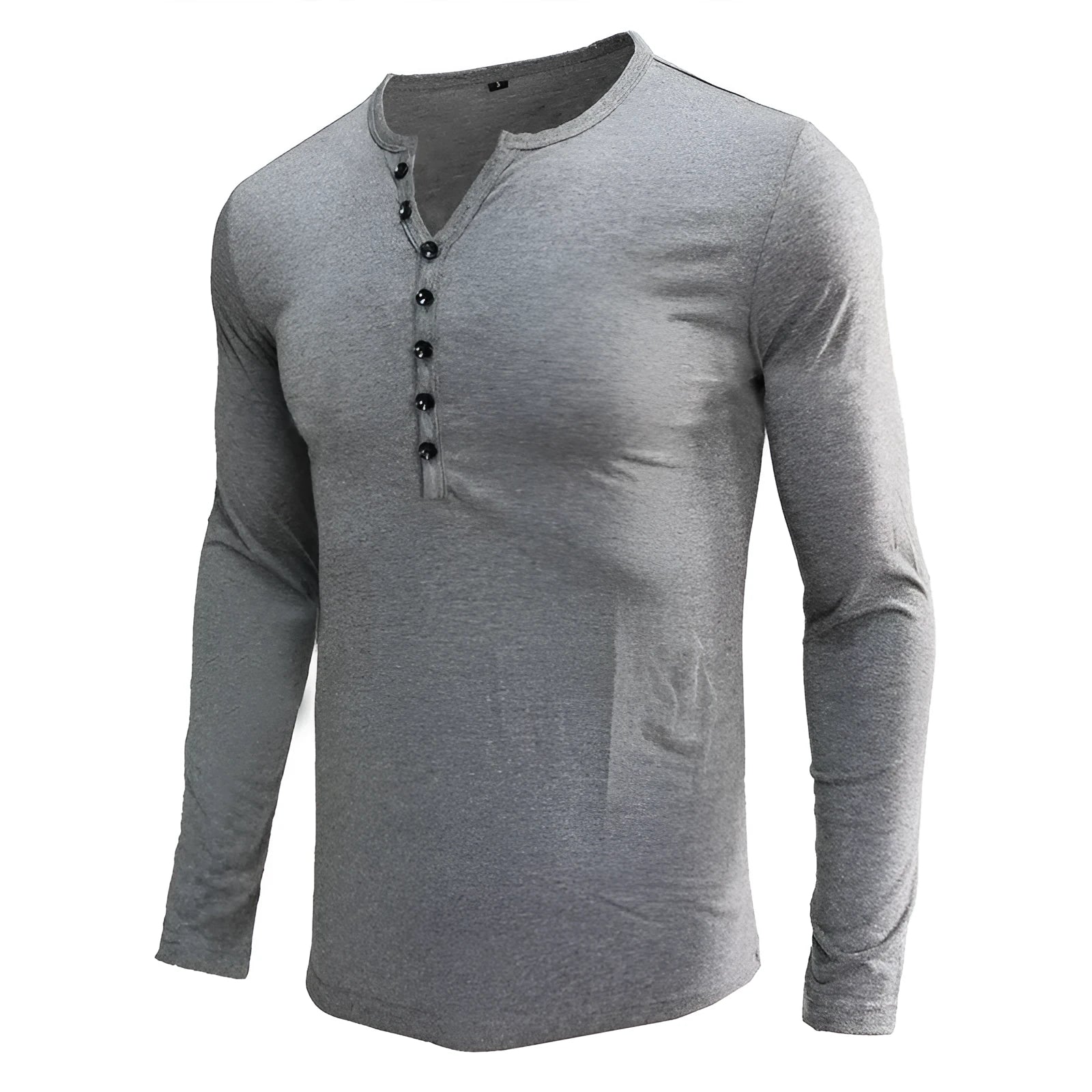 Men's long sleeved blue Henry collar pullover shirt laid flat, showing cotton blend fabric texture.