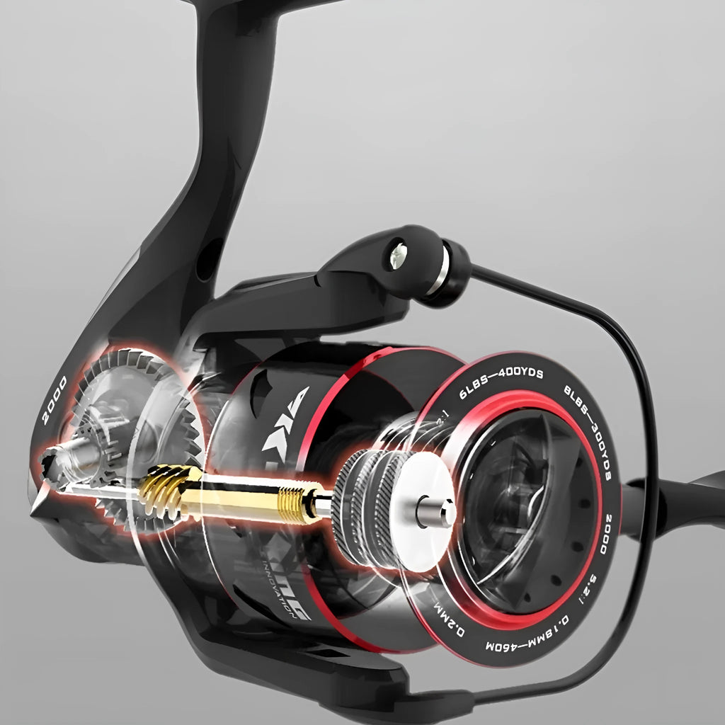 All-metal spinning fishing reel with collapsed telescopic rod showing four series size options