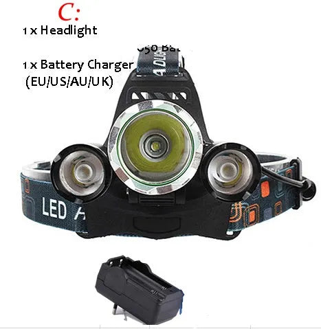 Rechargeable LED headlamp with adjustable headband and aluminium alloy head shown in use.