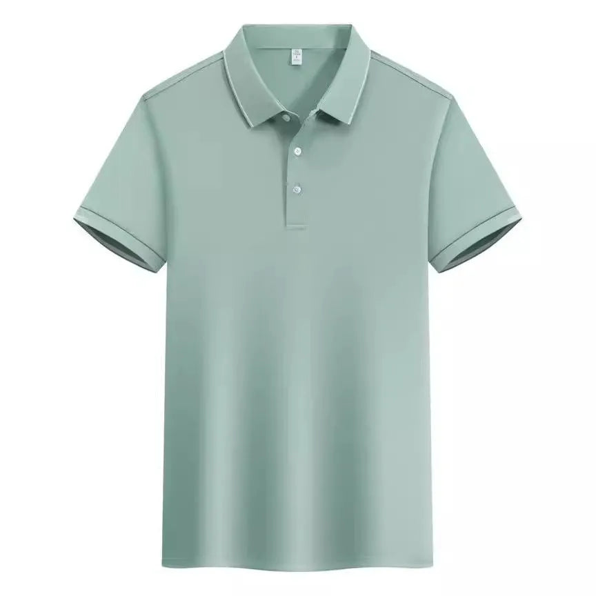 Men's apricot cotton blend loose polo shirt with a short sleeve and contrasting colour on the collar and lapel.