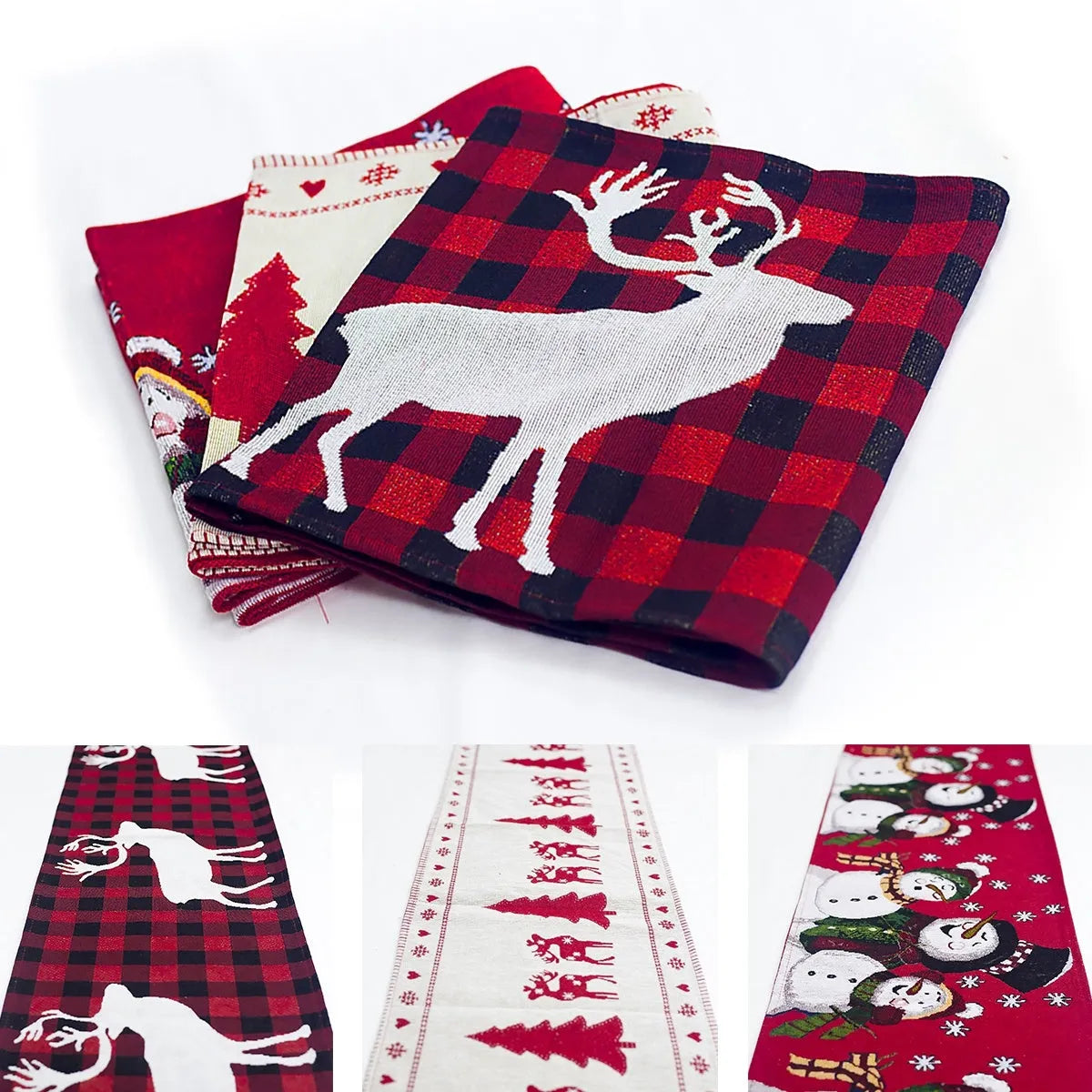 Red, white, and green Christmas table runner with elk and snowman print on a wooden dining table.