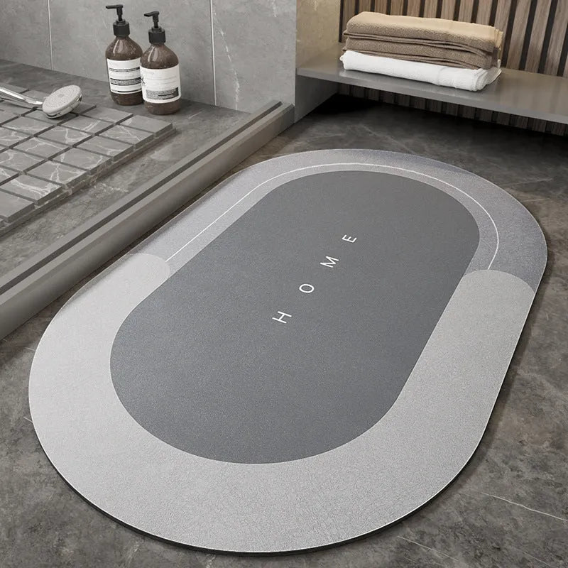 Cushioned bathroom sliding door floor mat in blended fabric with machine-woven texture, available in oval and rectangular styles.