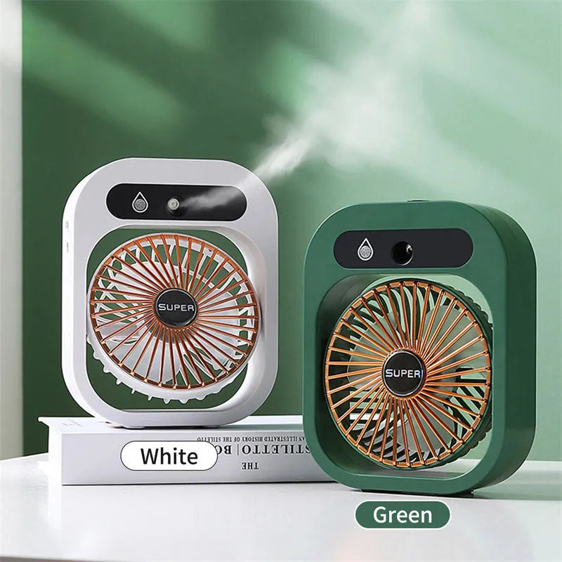 Green and white USB rechargeable portable misting fan and humidifier with adjustable wind direction