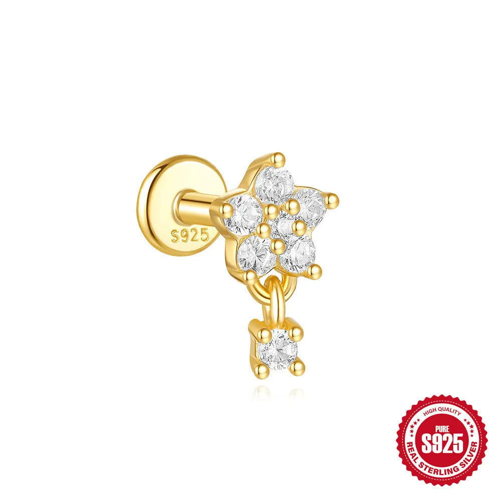 S925 sterling silver geometric star earrings with moon and diamond embedded details in gold plating