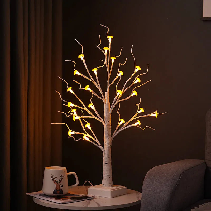 60cm tall mushroom tree lamp with 24 detachable LED flowers, birch design, and dual power options