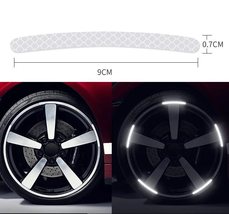 20-piece car wheel reflective stickers in arc shape with 11 colour options including fluorescent and luminous variants on wheel hub