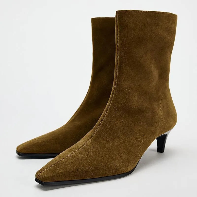 Brown square toe mid-calf boots with side zipper and 3-5cm kitten heel on waterproof platform