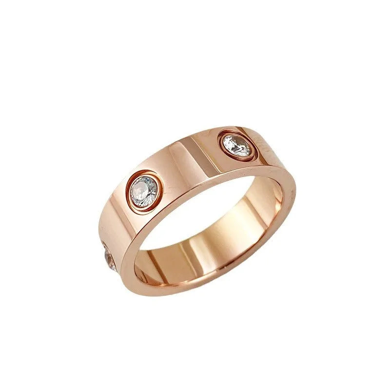 Titanium steel couple ring with six rhinestones, unisex sizes 5-11, gold rose gold or silver, 4mm 5mm 6mm band