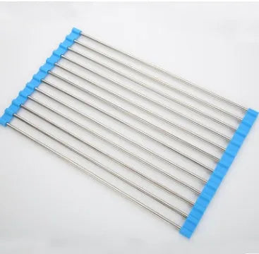 Folding stainless steel dish drainer rack in blue, shown over a kitchen sink