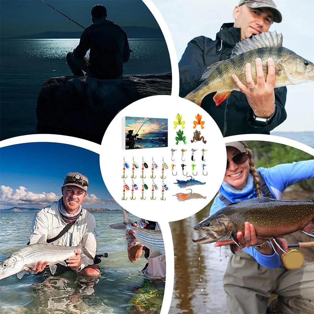 24 countdown Christmas fishing set with metal toy pieces, fishhook storage box options and blind box storage bag