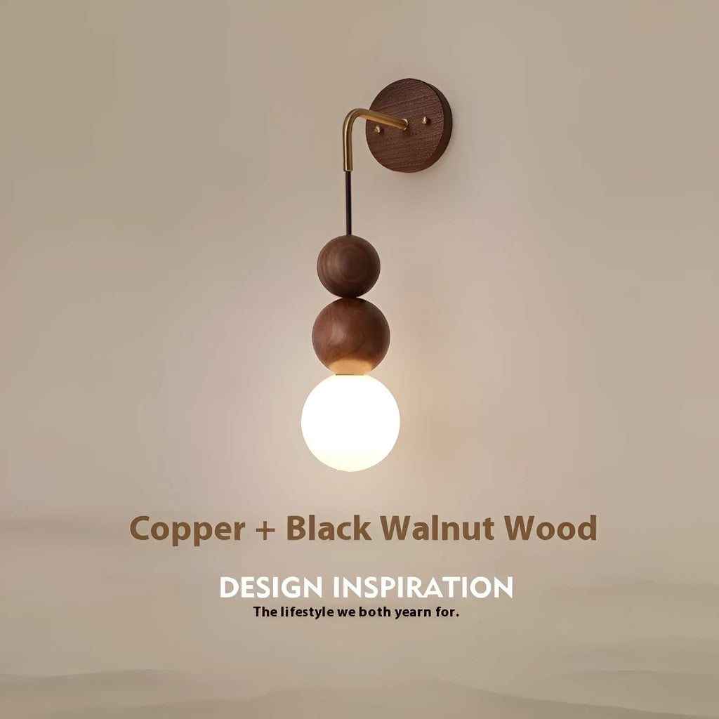 Suspension wire wall lamp in wood and copper with tri-colour bulb