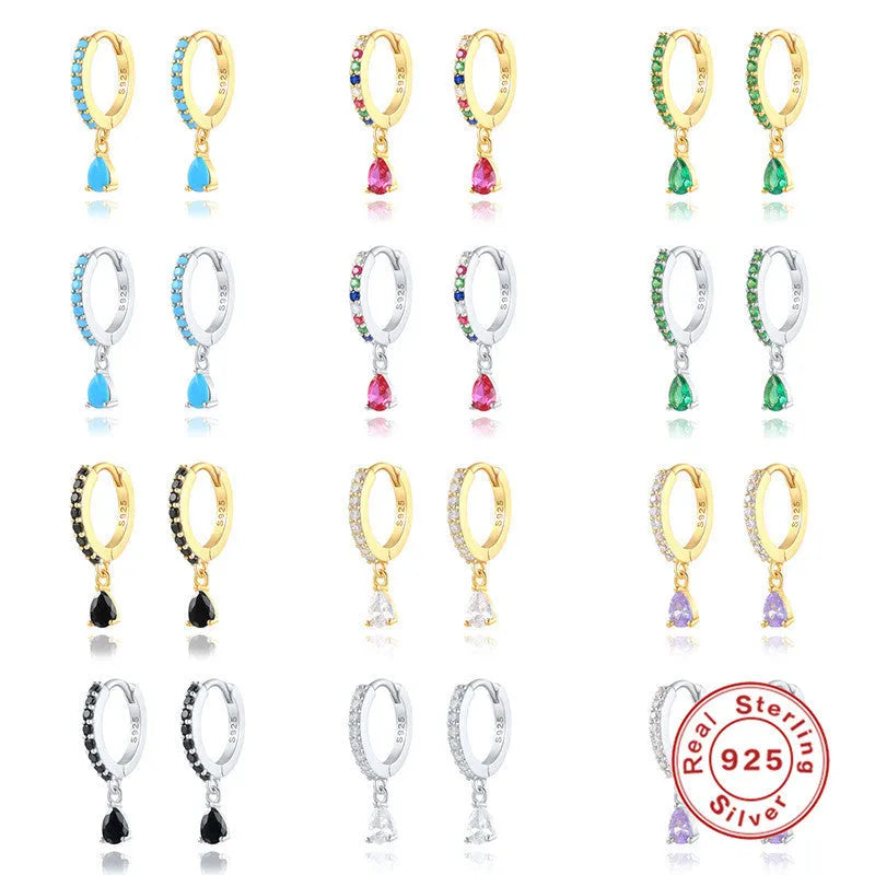 S925 sterling silver water drop earrings with geometric design and crystal accent on gold electroplated finish