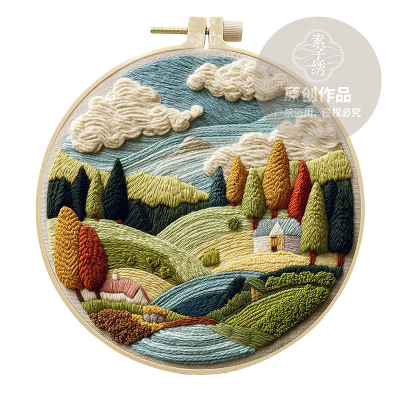 Embroidery DIY landscape kit with bamboo-style frame, pre-printed cotton fabric, embroidery threads, and needles