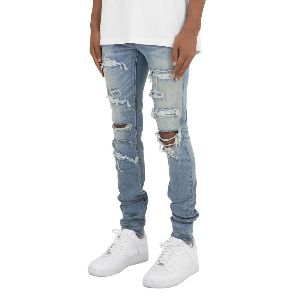 Men's slim fit stretch jeans in cotton, light blue black white, sizes 28-38, four seasons