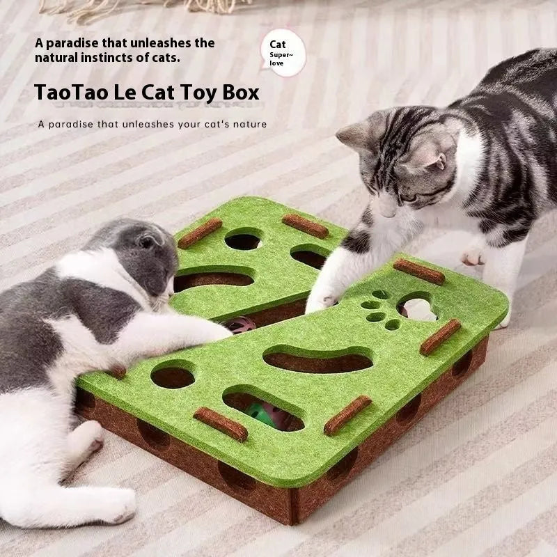 Green brown felt cat toy box measuring 30x30x7.5cm with multiple holes for interactive play