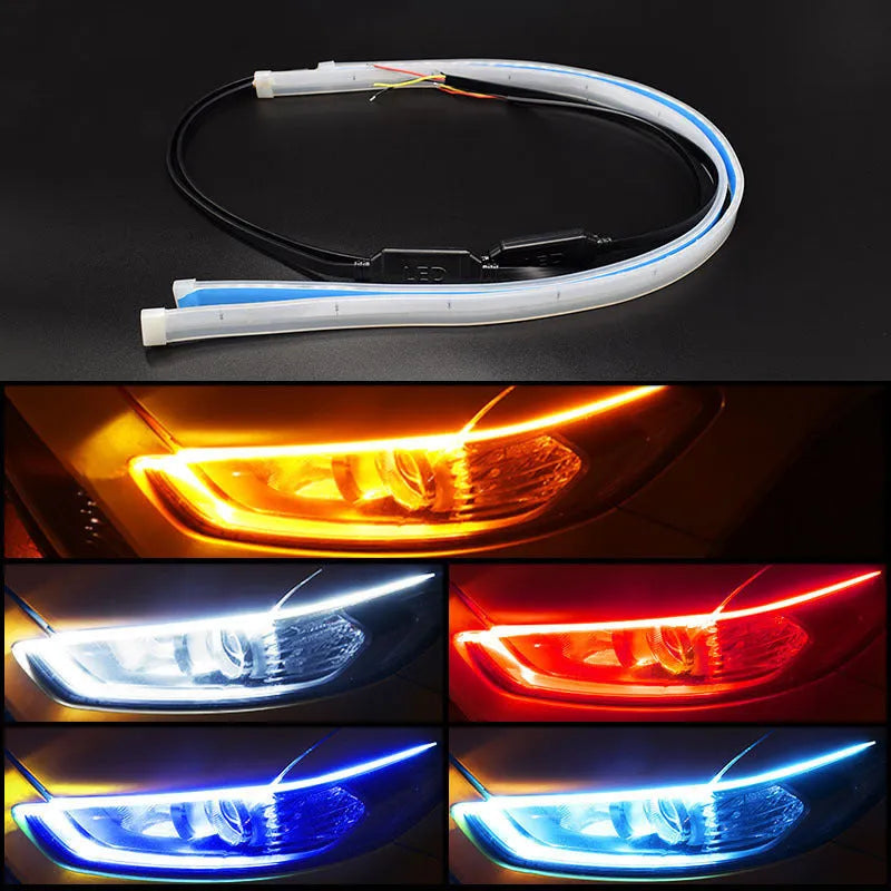 Car LED daytime running light strip with flowing turn signal, showing 0.3cm thickness and wiring connections