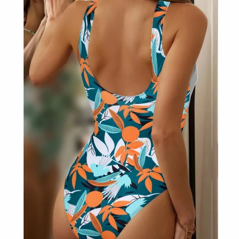 Women's high-waist one-piece swimsuit in printed pattern with quick-dry polyester fabric
