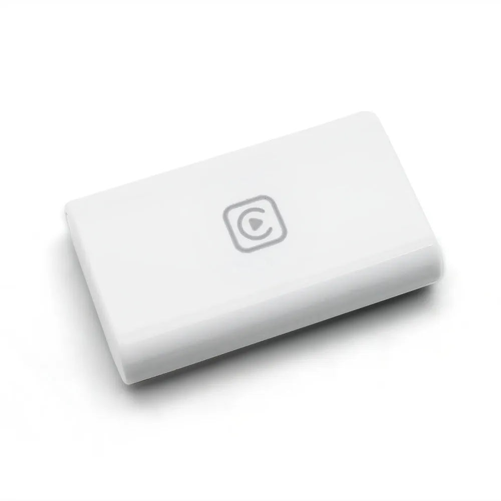 White wireless CarPlay box module, ABS, 120x90x35mm, USB powered, WiFi projection for in-car use