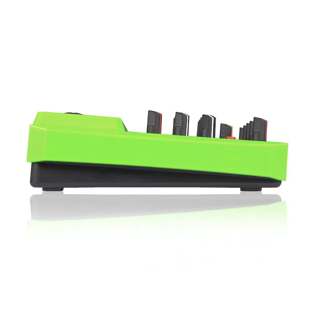 Reverb audio processor in green, red, or yellow colour with USB interface and power adapter