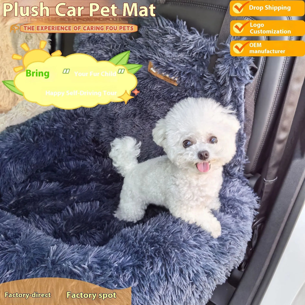 Winter thicken thermal vehicle-mounted pet mat in beige colour on a car seat, showing 50cm high padded sides and cloth material.