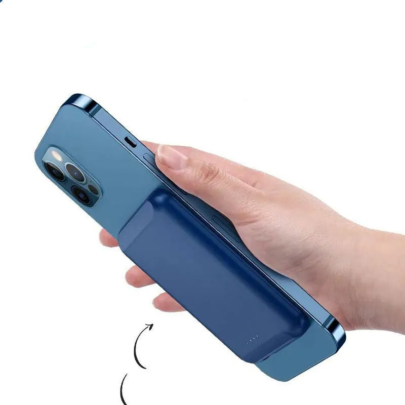 Magnetic wireless power bank measuring 85x55mm with 5000mAh capacity in multiple colour options