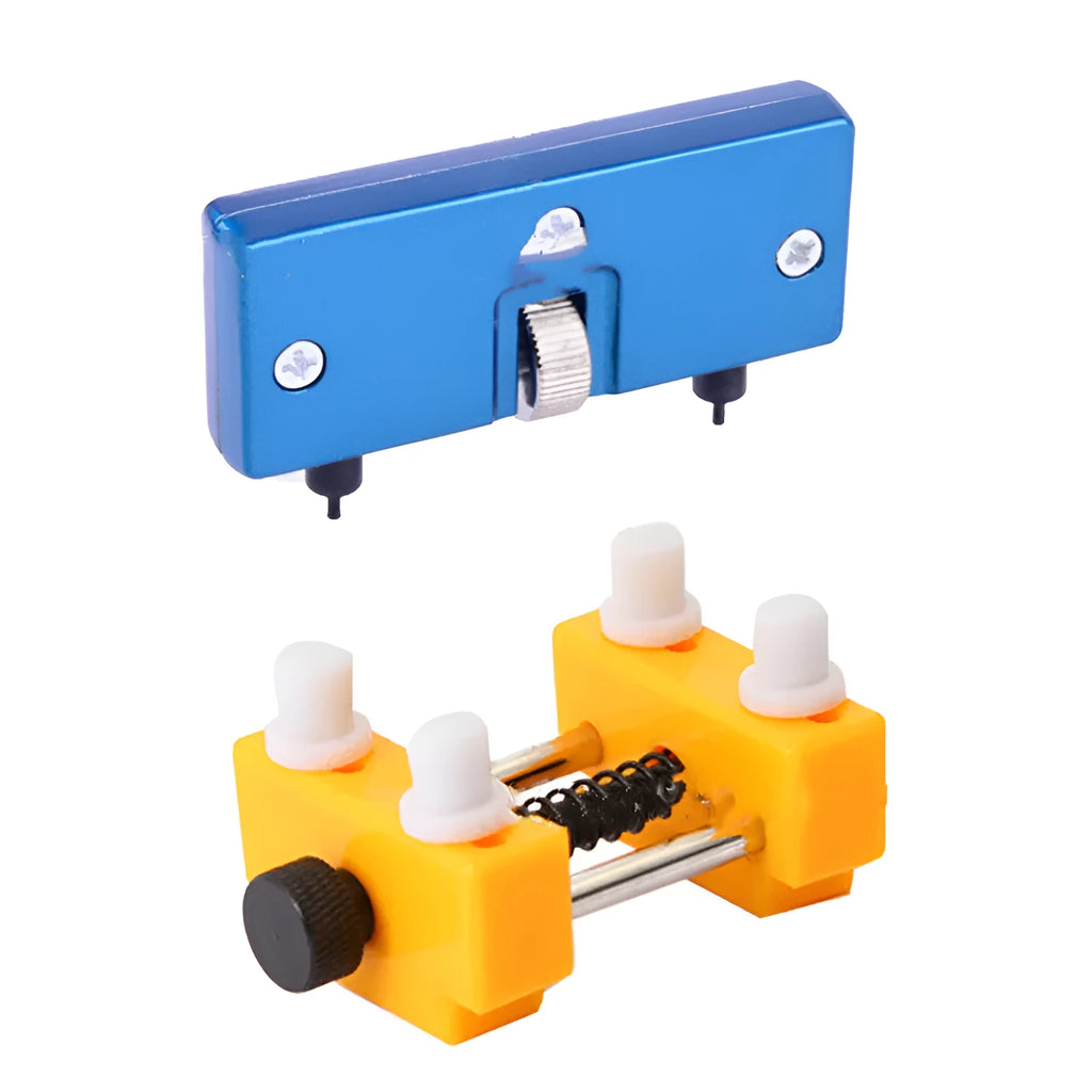 Yellow plastic watch case opener tool and fixing base set for DIY battery replacement