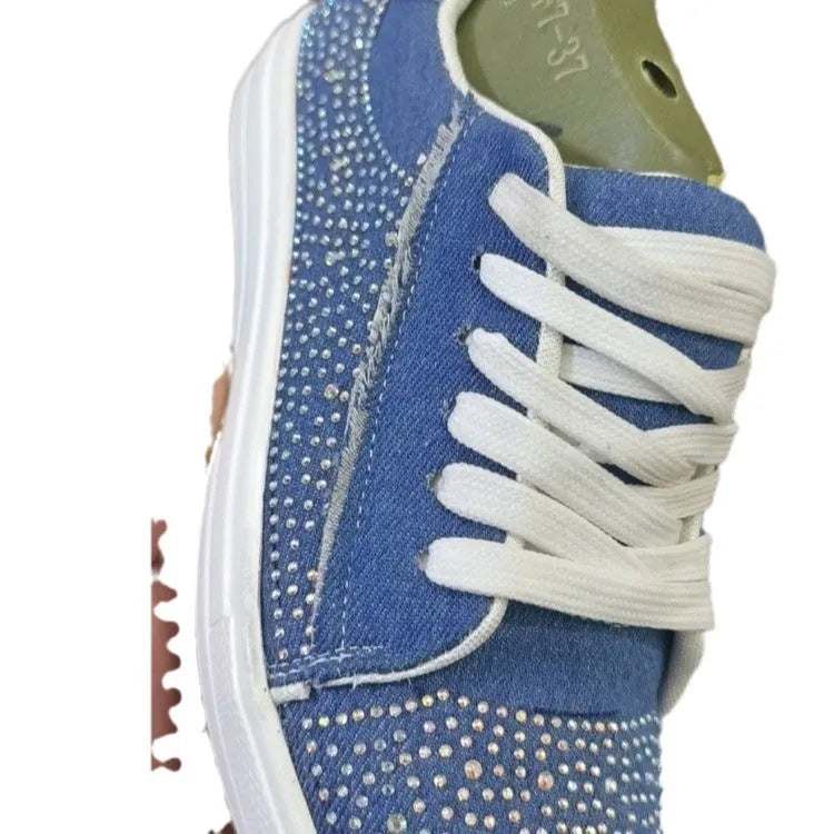 Plus size women's casual shoes with rhinestone accents on artificial PU upper, thick rubber soles, and lace-up design in black colour