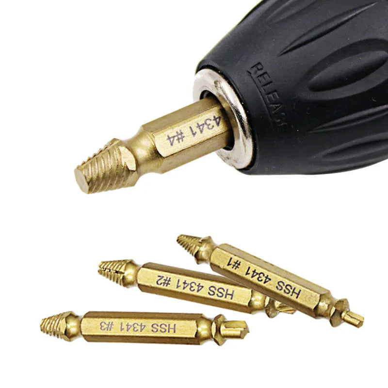 Screw extractor set with 4341 high-speed steel construction for removing damaged fasteners