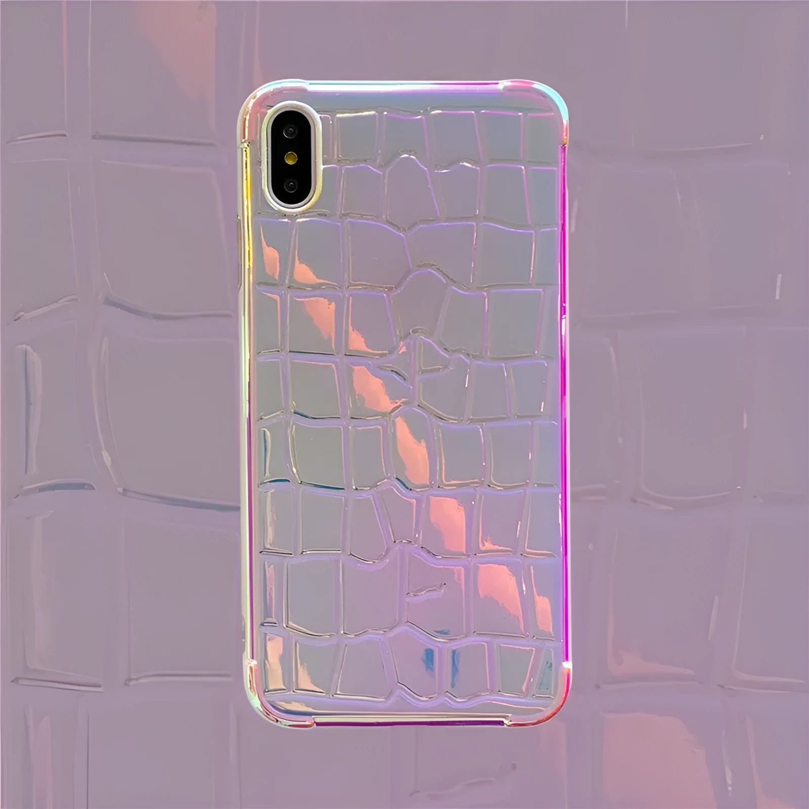 Silver glossy laser-effect silicone back cover case for iPhone with lanyard hole.