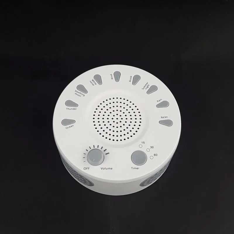 White noise sleep instrument with control knobs showing nine sound options and automatic timer settings