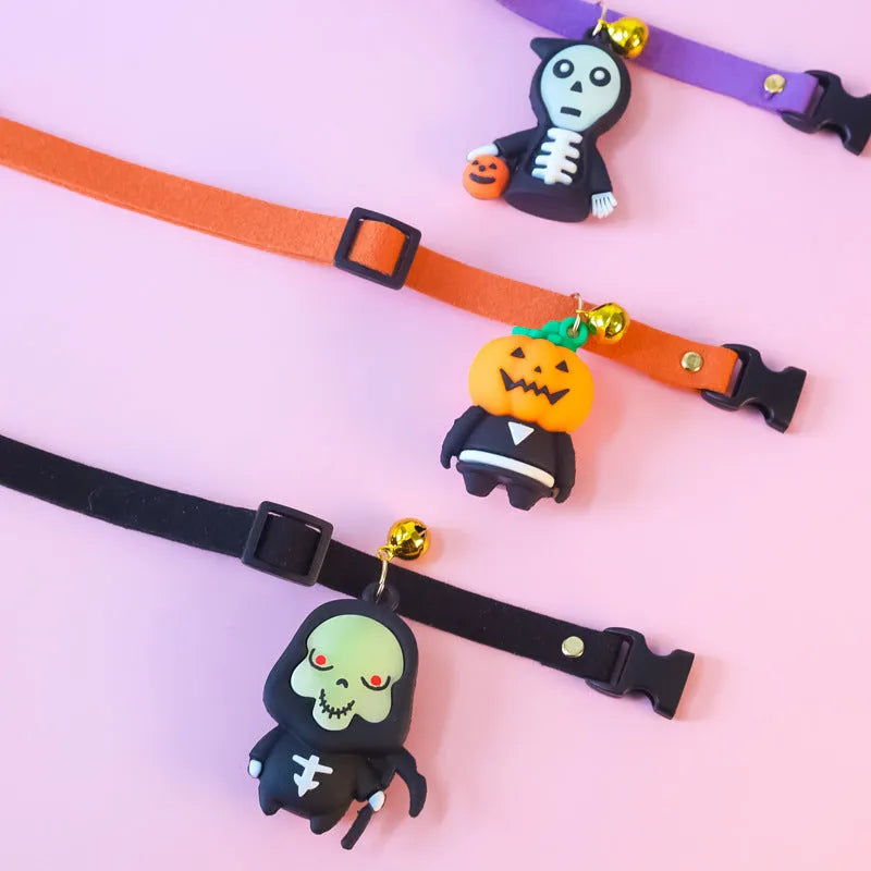 Halloween dog collar with luminous cartoon patterns in Pumpkin Man, Luminous Brat, and Luminous Skull designs, adjustable sizes 16-56cm