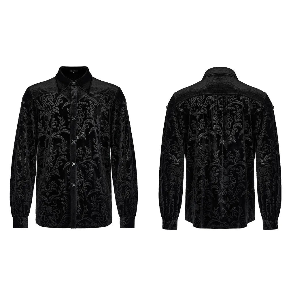 Black men's velvet shirt with gothic college styling and printed flocking decoration details