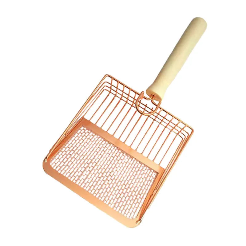Stainless steel cat litter scoop with a long wooden handle shown in arc, linear, and square designs.