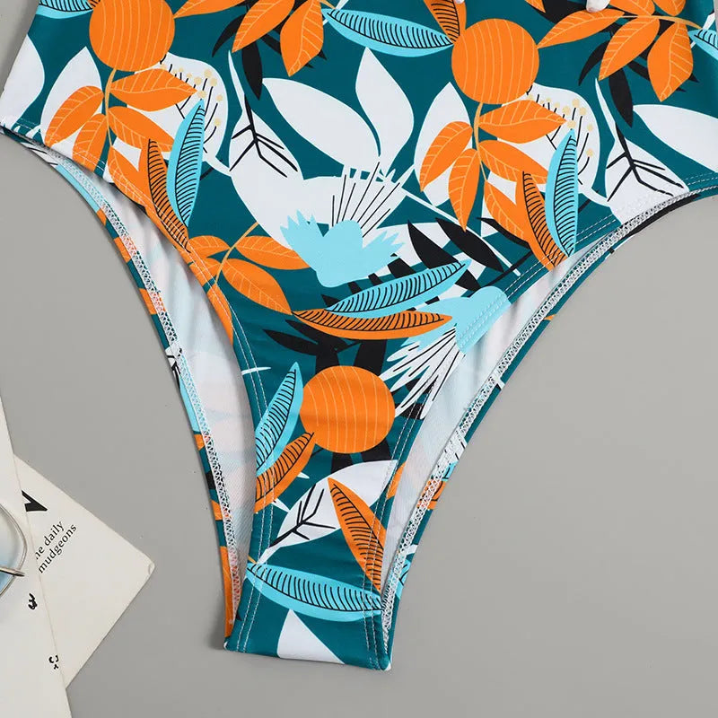 Women's high-waist one-piece swimsuit in printed pattern with quick-dry polyester fabric
