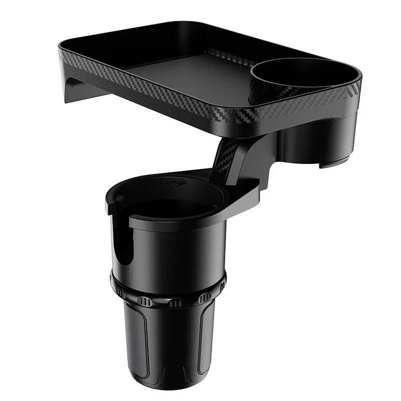 Black car-mounted rotating dinner tray holder installed in vehicle cup holder showing 360-degree rotation capability