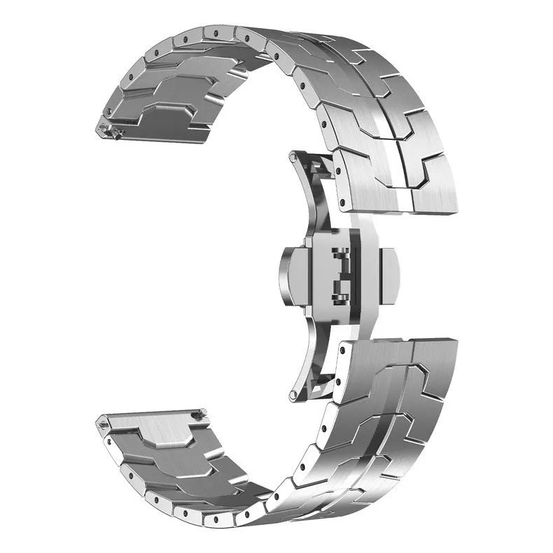 Stainless steel watch band showing 20mm and 22mm width options with ten colour variations including silver, black, and titanium finishes