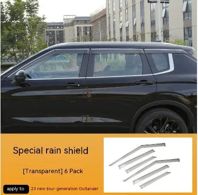 Black and translucent plastic window deflectors installed on a grey Mitsubishi Outlander SUV.