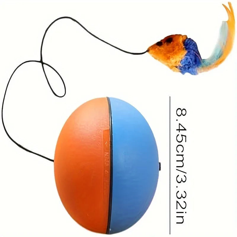 Interactive cat toy with orange rotating ball on grey plush mouse base, showing 8.5cm diameter