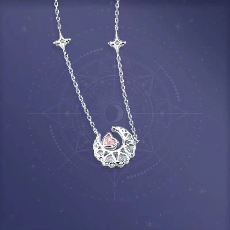Stars and moon copper necklace with heart-shaped pendant on cross chain, pink or white diamond colour