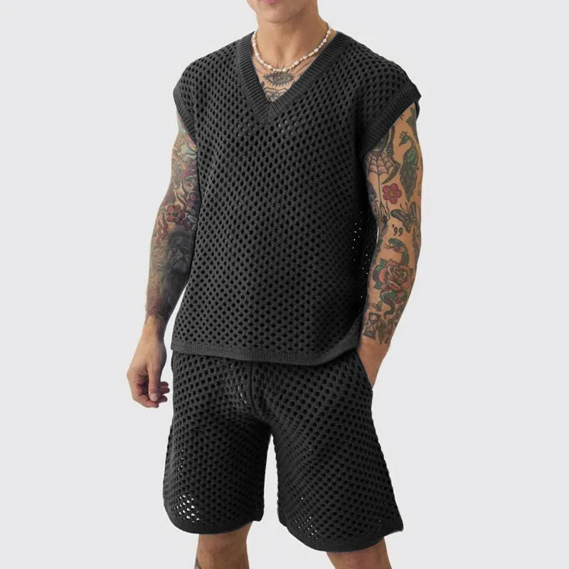 Men's blue V-neck sleeveless vest and matching shorts sports set laid flat.