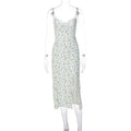 Women's lace flowers print long dress with side slit and adjustable suspender straps in blue, green, or red