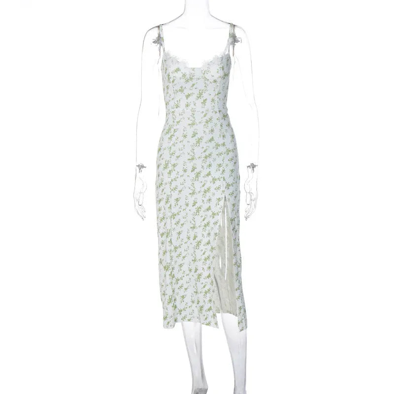 Women's lace flowers print long dress with side slit and adjustable suspender straps in blue, green, or red