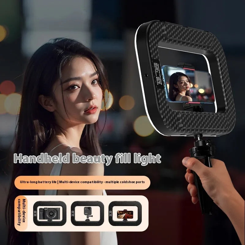 Mobile phone fill-in light with rechargeable holder and metallic desktop bracket for outdoor shooting