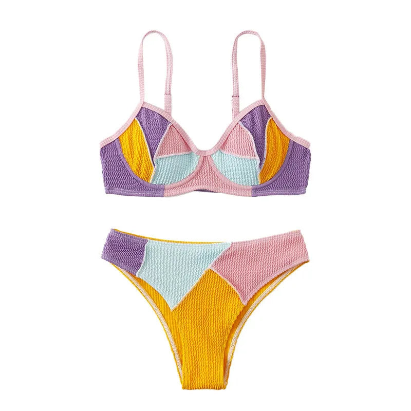 Ladies polyester bikini set with steel bracket push up bra top and matching shorts in colour matching design