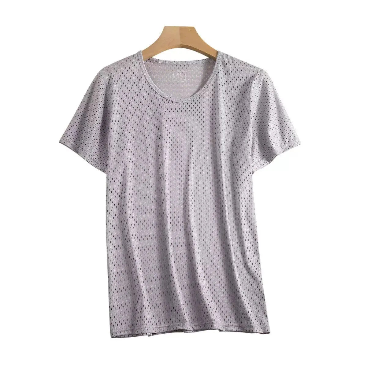 Man wearing a grey ice silk short sleeve t-shirt showing its loose fit and crew neck design for summer.