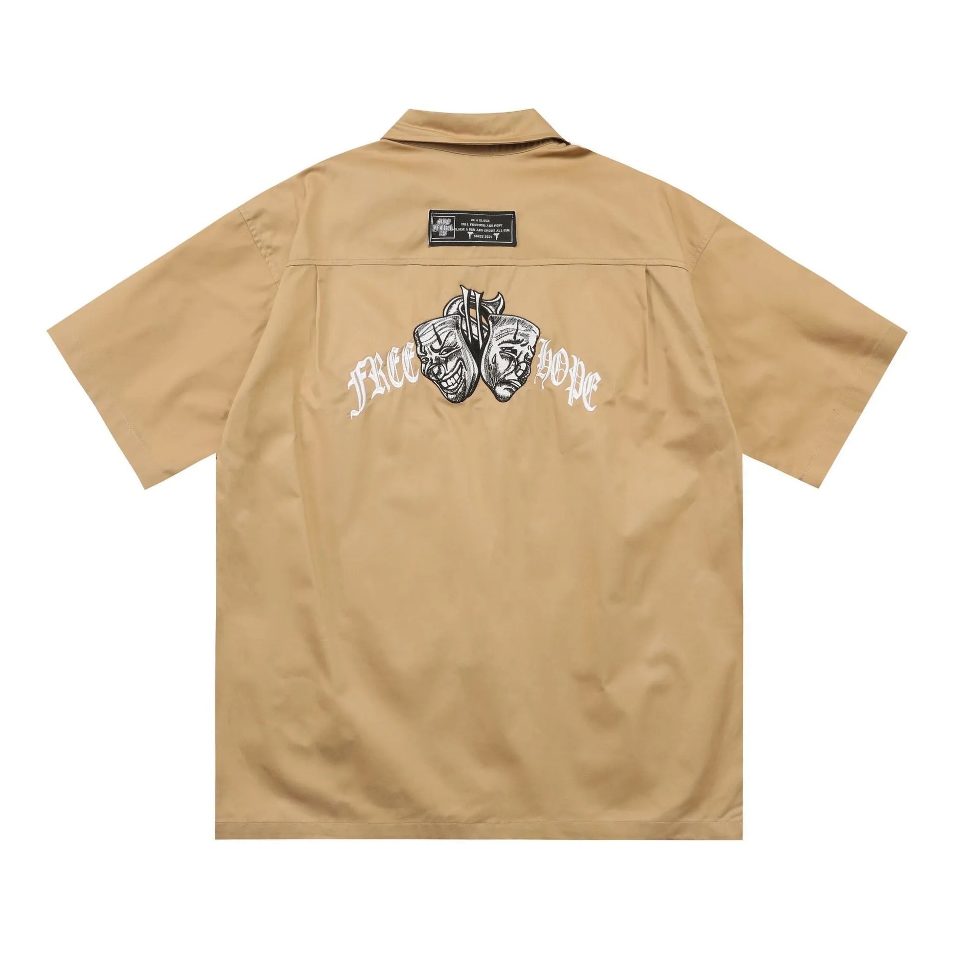 Men's black cotton blend work shirt with embroidery detailing and chest pocket