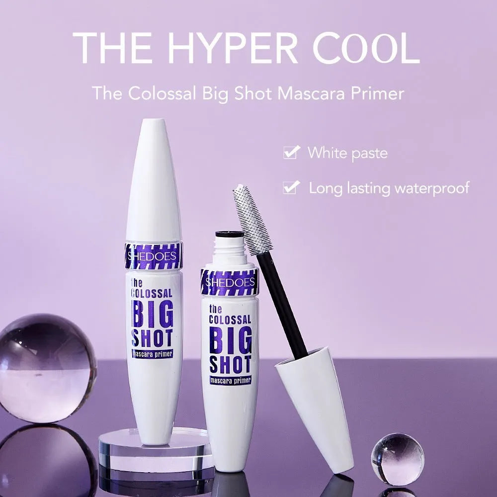 White waterproof mascara with 10ml volume, quick-drying formula, and curling effect for defined lashes