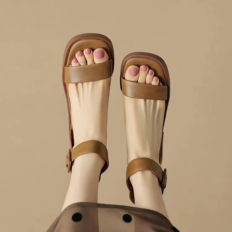 Women's retro ankle-strap platform high heels in white and khaki colours with round toe design